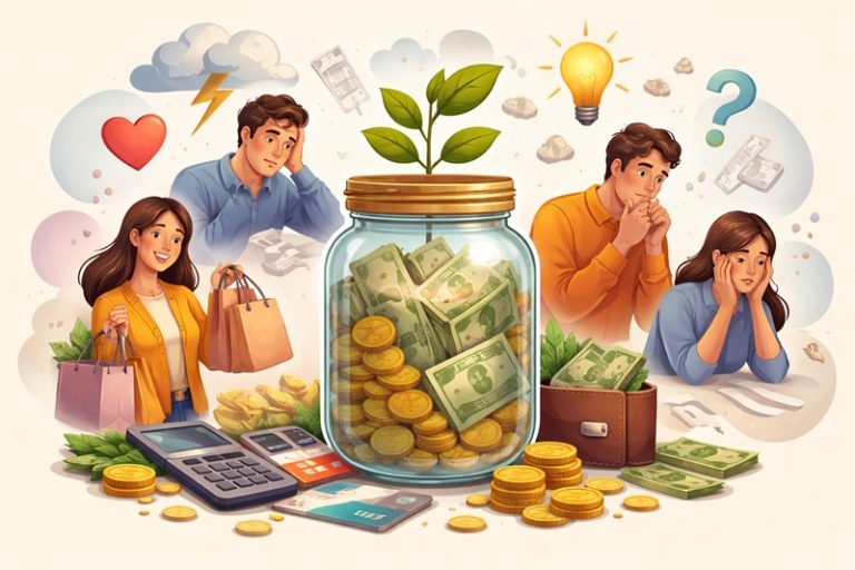 Ilustracja przedstawiająca słoik z pieniędzmi i rosnącą rośliną w otoczeniu ludzi pokazujących różne emocje związane z decyzjami finansowymi