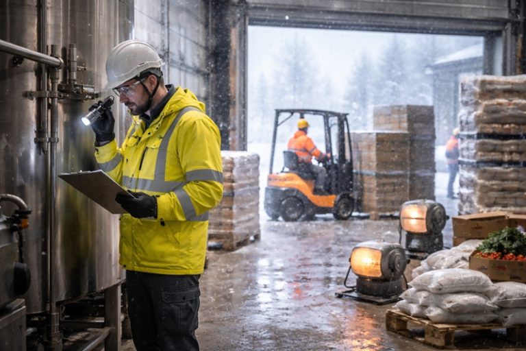 Zakład produkcyjny przygotowany do pracy zimą wewnątrz hali przemysłowej