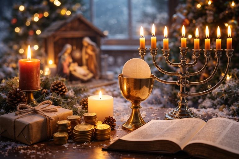 Religijne tradycje przełomu roku, spokojna domowa scena z zapaloną świecą, elementami symboliki duchowej i zimową atmosferą refleksji