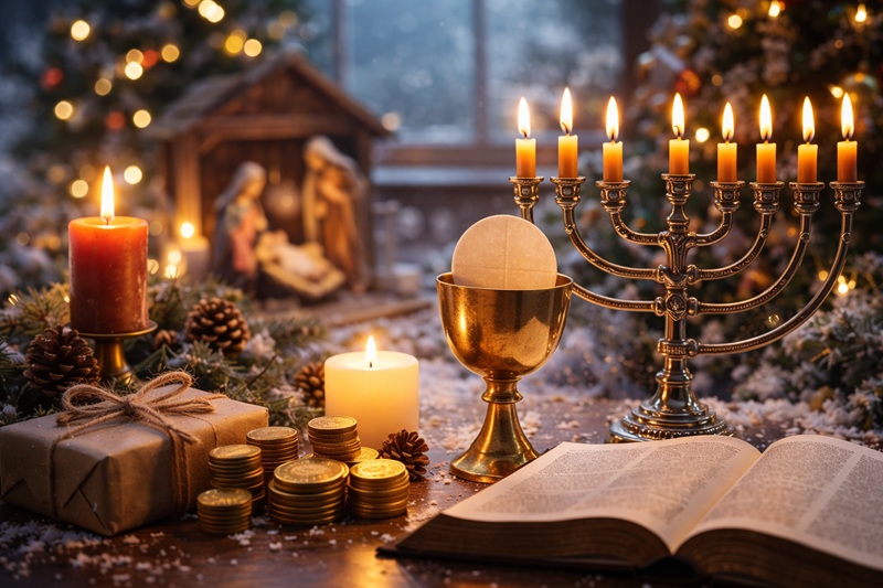 Religijne tradycje przełomu roku, spokojna domowa scena z zapaloną świecą, elementami symboliki duchowej i zimową atmosferą refleksji