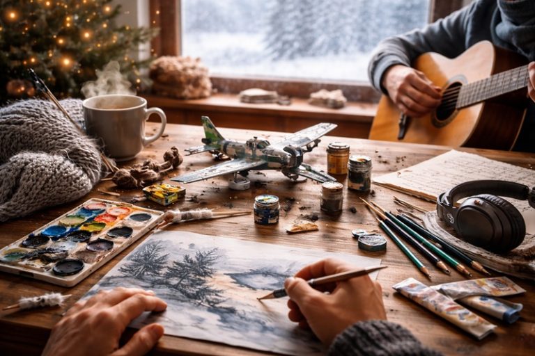 powrót do zapomnianych hobby – zimowa scena w domu, malowanie, modelarstwo i gra na gitarze przy drewnianym stole