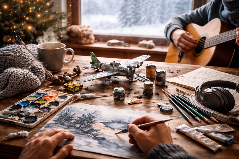 powrót do zapomnianych hobby – zimowa scena w domu, malowanie, modelarstwo i gra na gitarze przy drewnianym stole