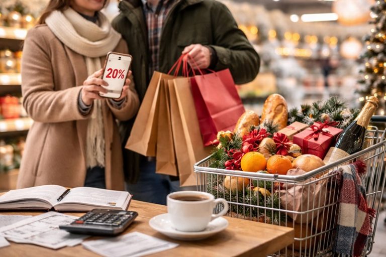 sezon zimowy a konsumpcja podczas świątecznych zakupów w sklepie z pełnym koszykiem produktów