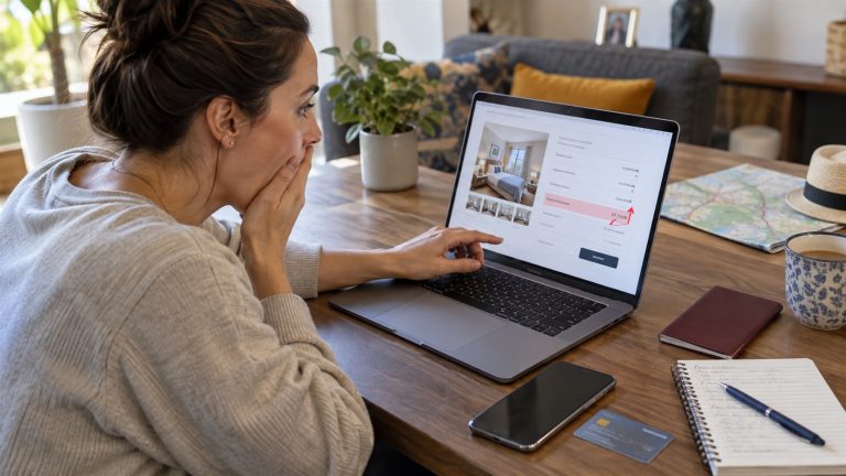 Podróżny sprawdzający wzrost ceny noclegu podczas rezerwacji hotelu online
