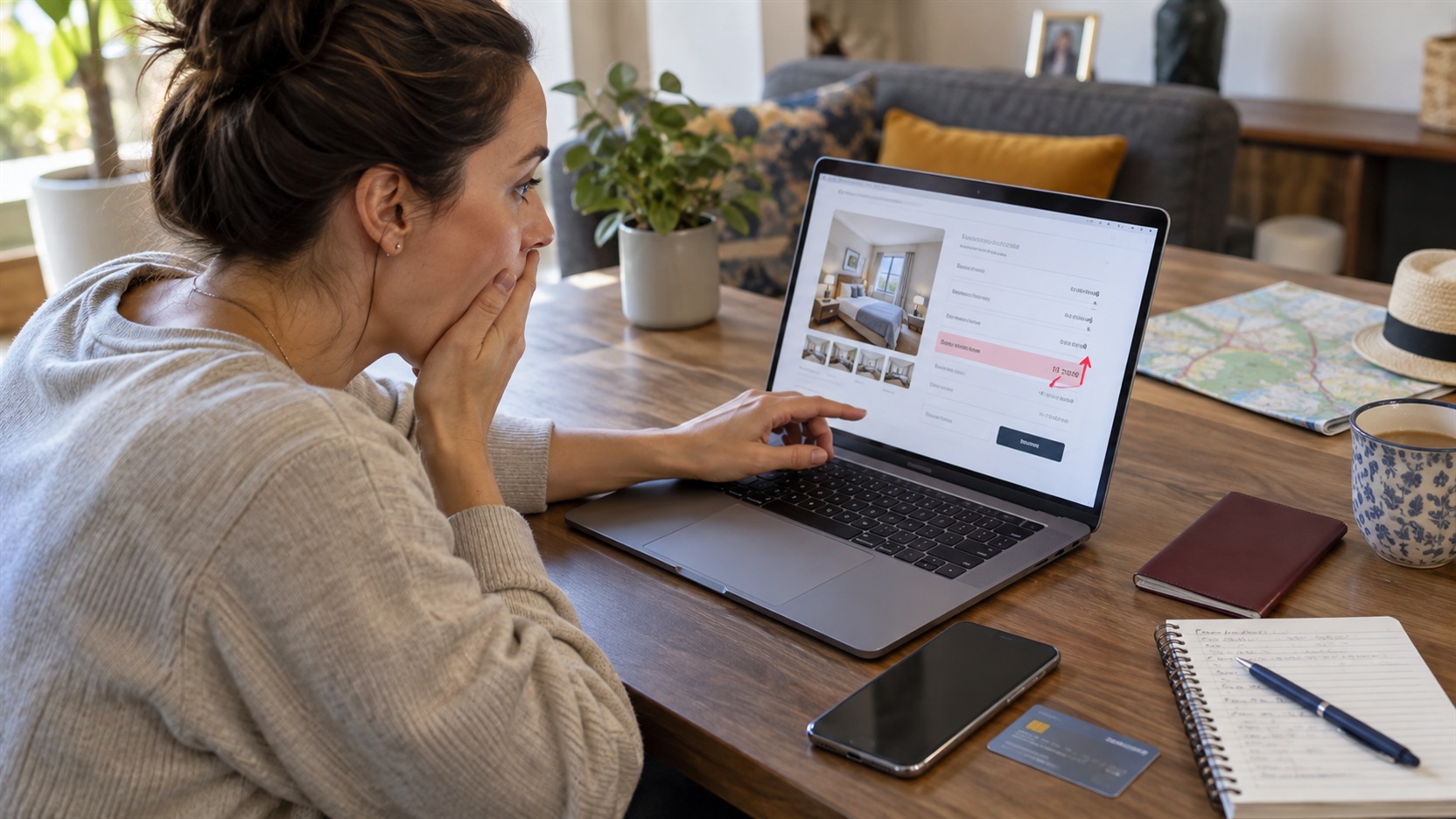 Podróżny sprawdzający wzrost ceny noclegu podczas rezerwacji hotelu online
